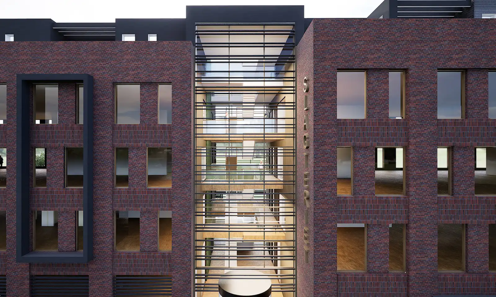 Visualisering af MS+ Arkitekters vinderforslag til Slagterigrunden i Skive: teglfacader og en høj glasfacade